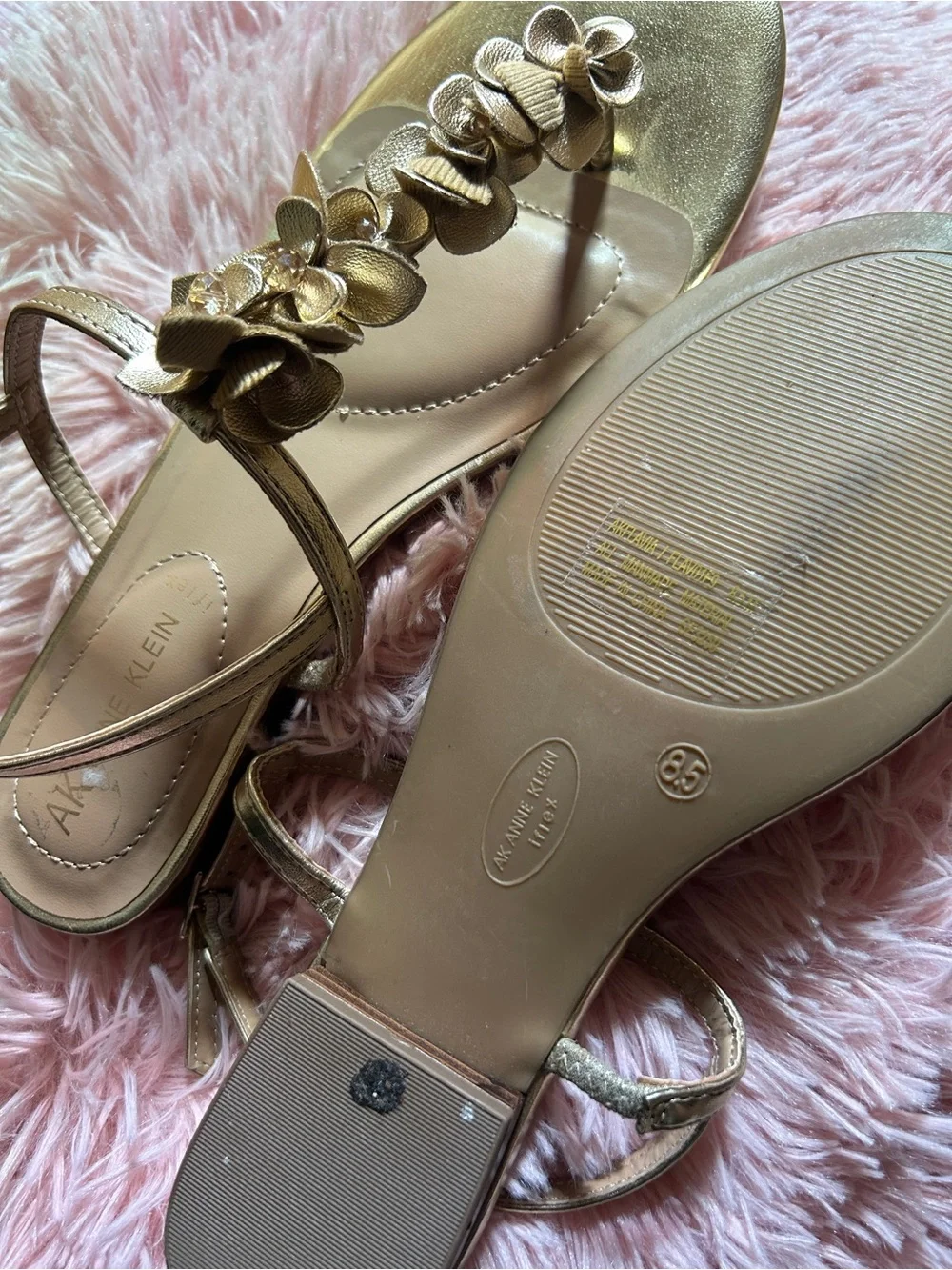 Anne Klein Metallic Gold Floral T-Strap Sandals